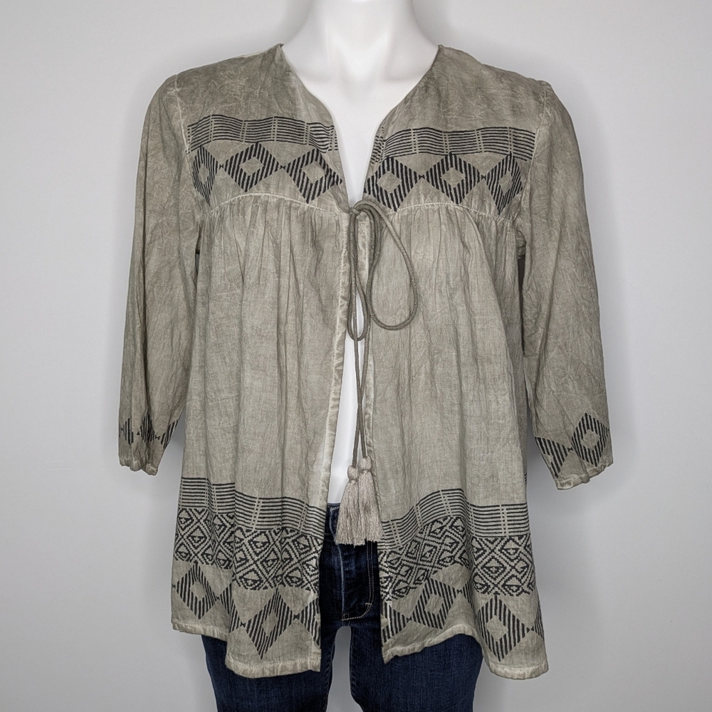 Crosstree Lane Muted Green Black Geometric Tie Front Cotton Cover Up Top L